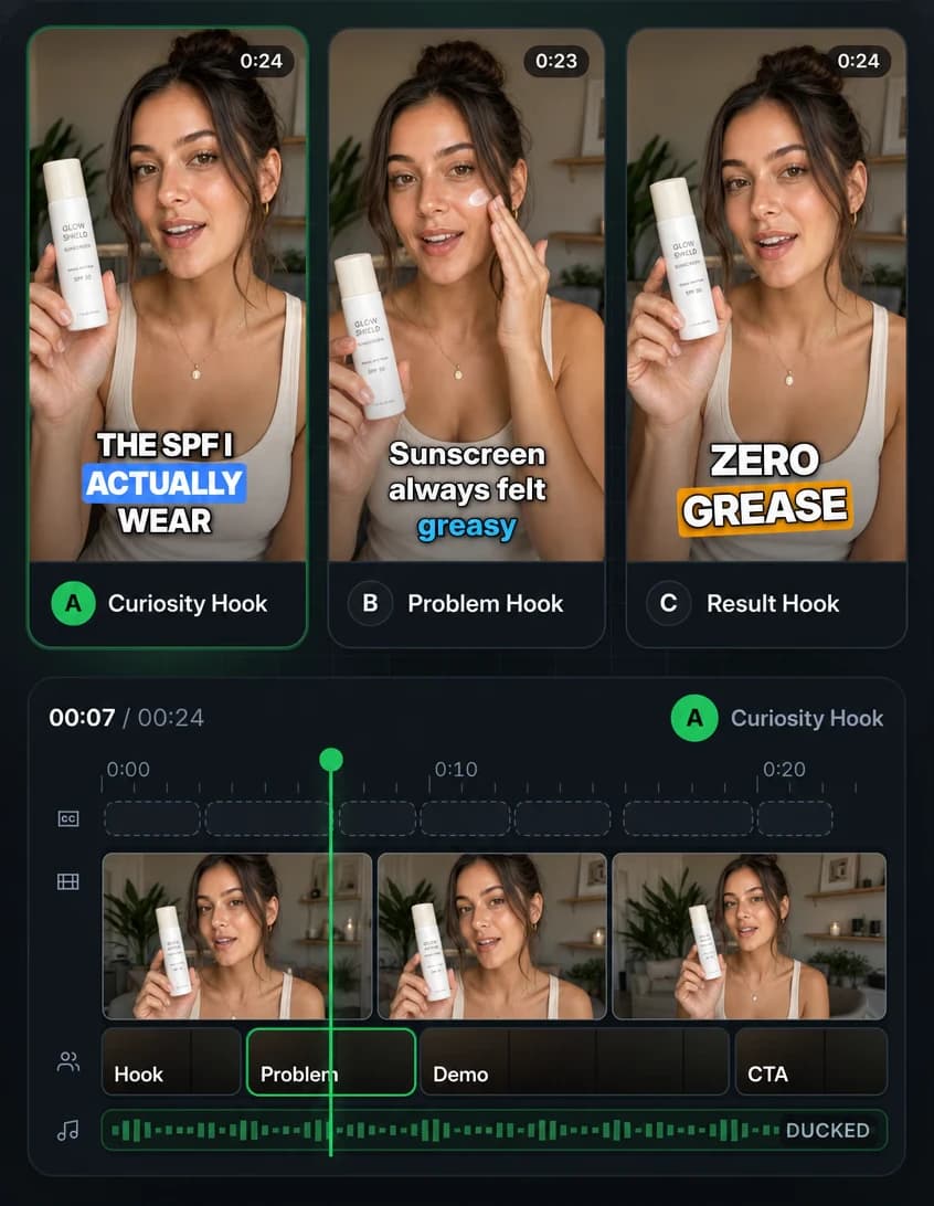 AutoEditor's editor: three variations with different hooks above variation A's timeline of captions, clips, story sections and ducked music